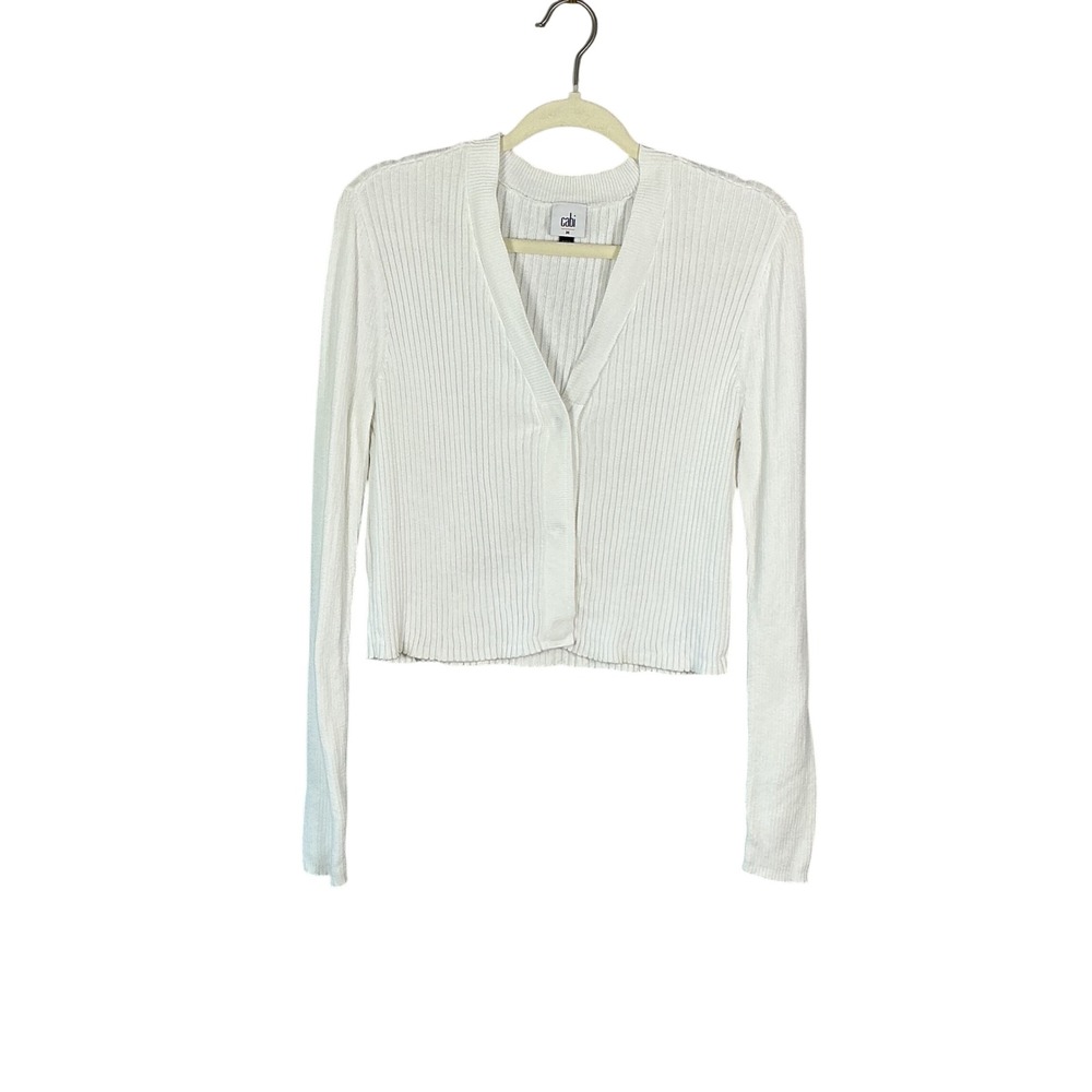 Cabi White Ribbed V-Neck Cropped Cardigan Hidden Snap Front Size M